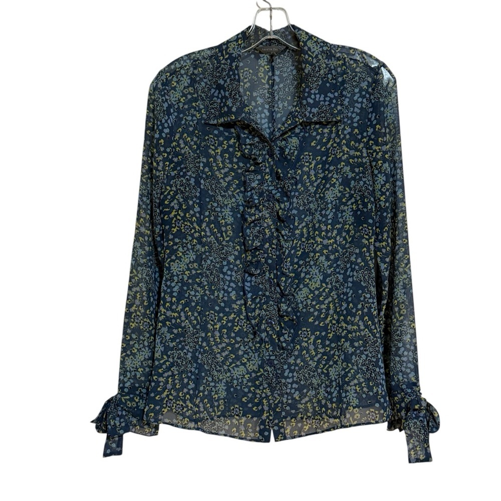 Blue and Yellow Long Sleeve Ruffled Blouse